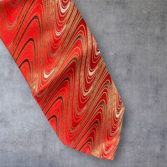 Vintage Pavone Italian Silk Tie Red Gold Marbled Abstract Pattern Made in Italy - Picture 3 of 10